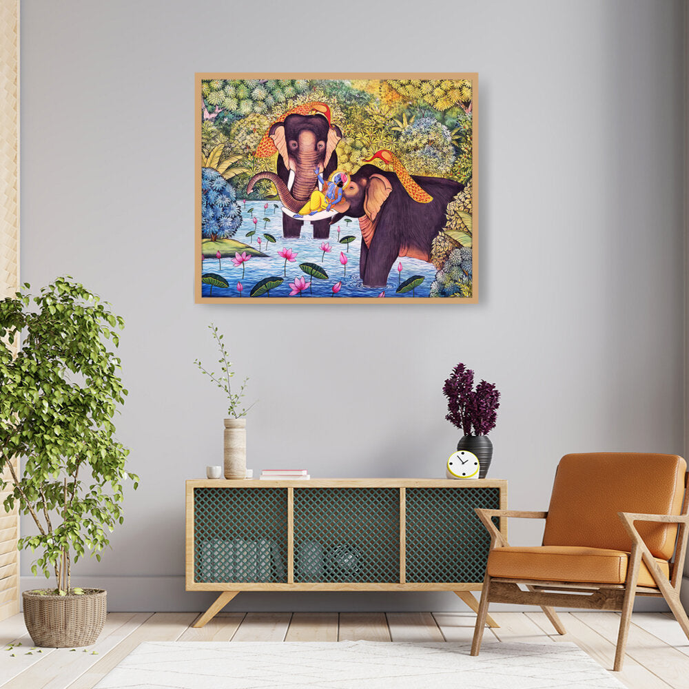 Lord Krishna With Elephants - Framed Canvas