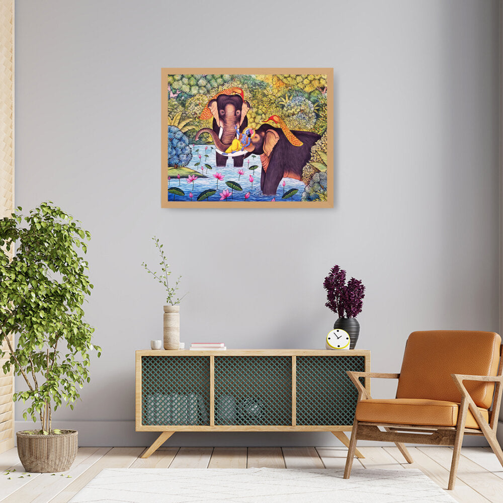 Lord Krishna With Elephants - Framed Canvas