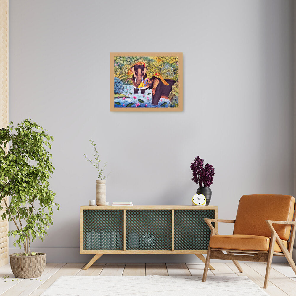 Lord Krishna With Elephants - Framed Canvas