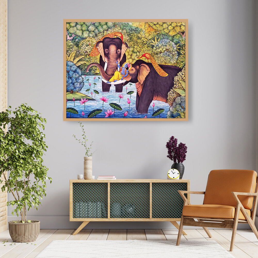 Lord Krishna With Elephants - Framed Canvas