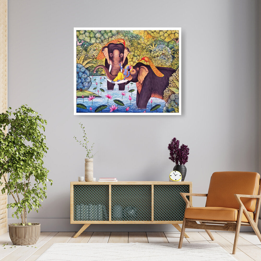 Lord Krishna With Elephants - Framed Canvas