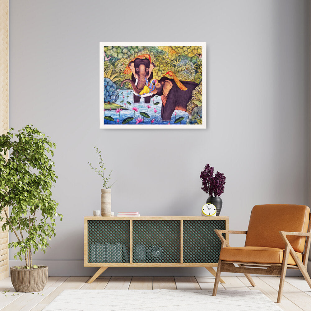 Lord Krishna With Elephants - Framed Canvas