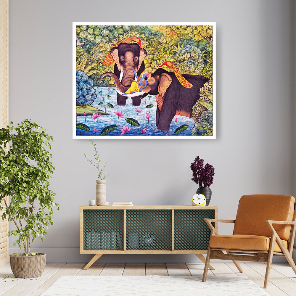 Lord Krishna With Elephants - Framed Canvas
