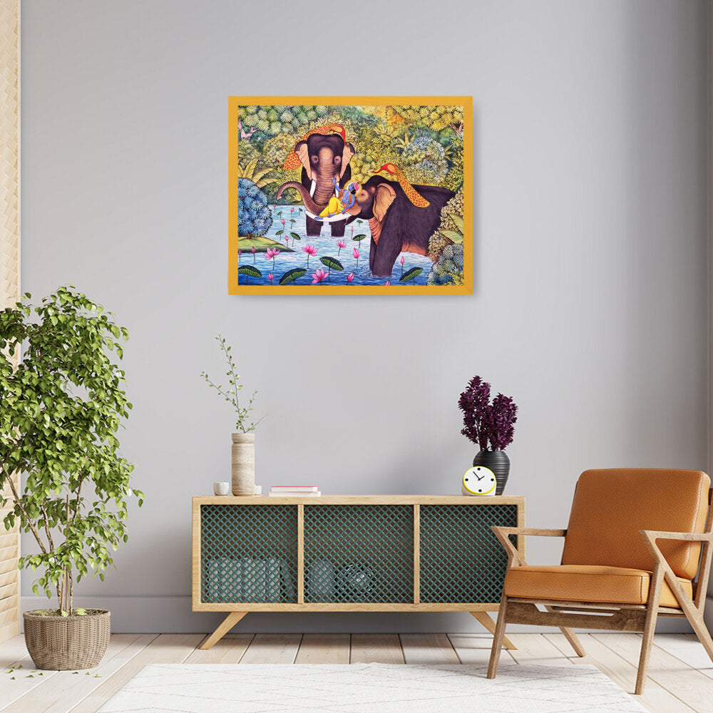 Lord Krishna With Elephants - Framed Canvas