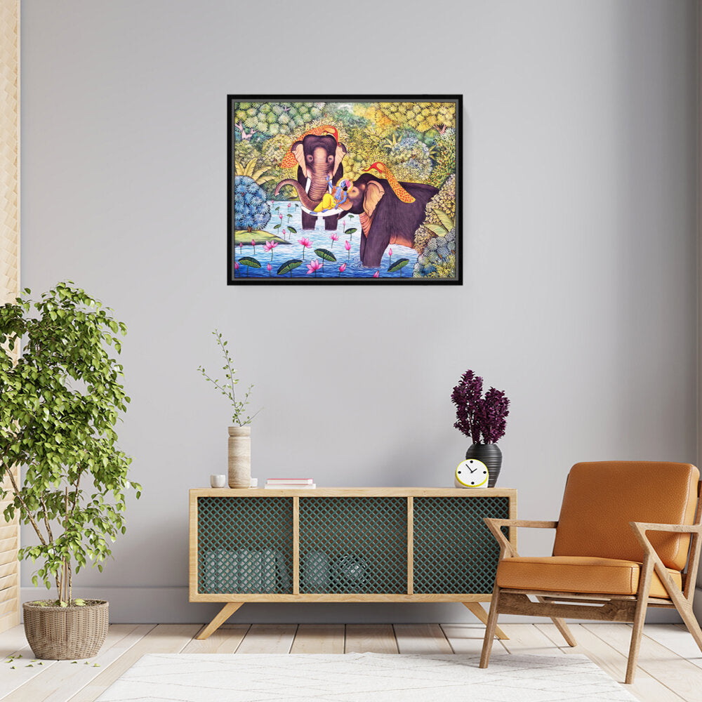 Lord Krishna With Elephants - FLOATING FRAME