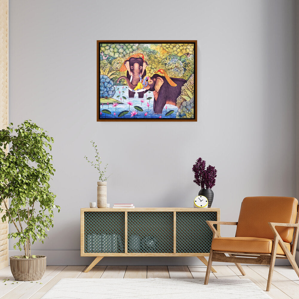 Lord Krishna With Elephants - FLOATING FRAME