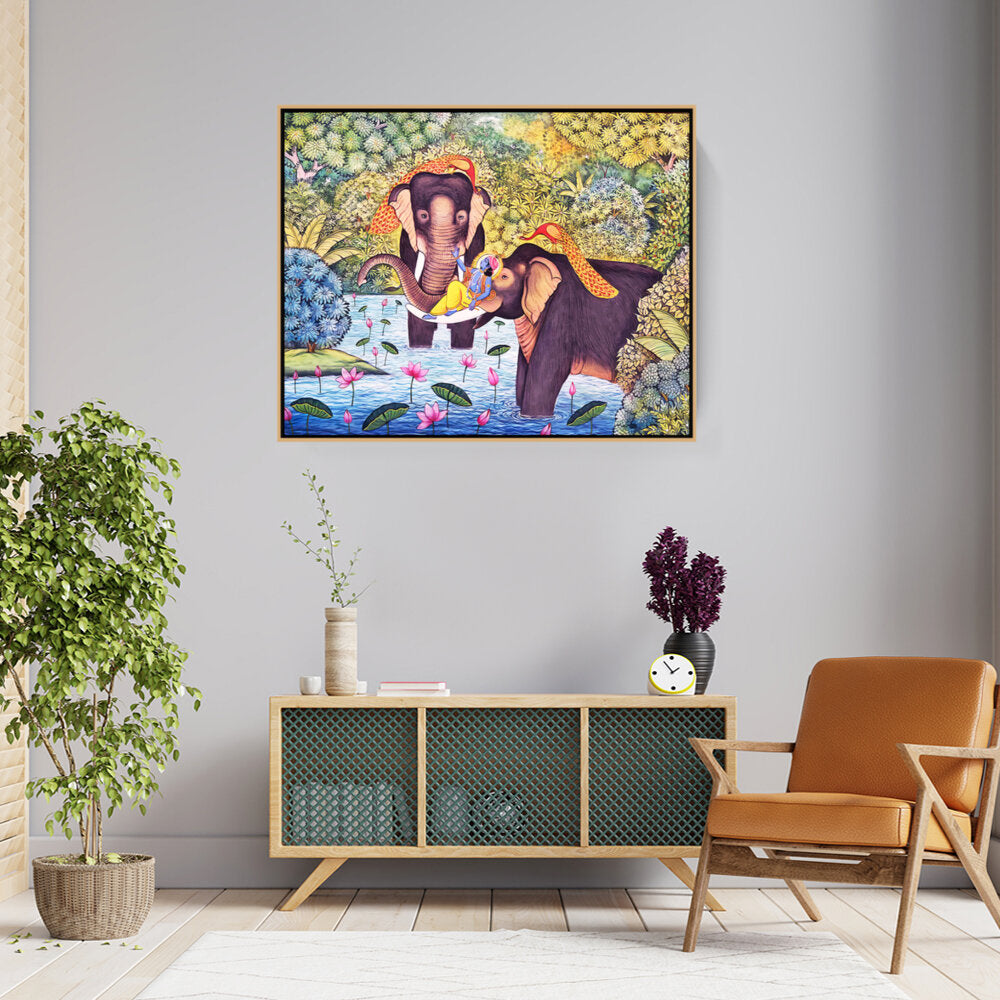 Lord Krishna With Elephants - FLOATING FRAME