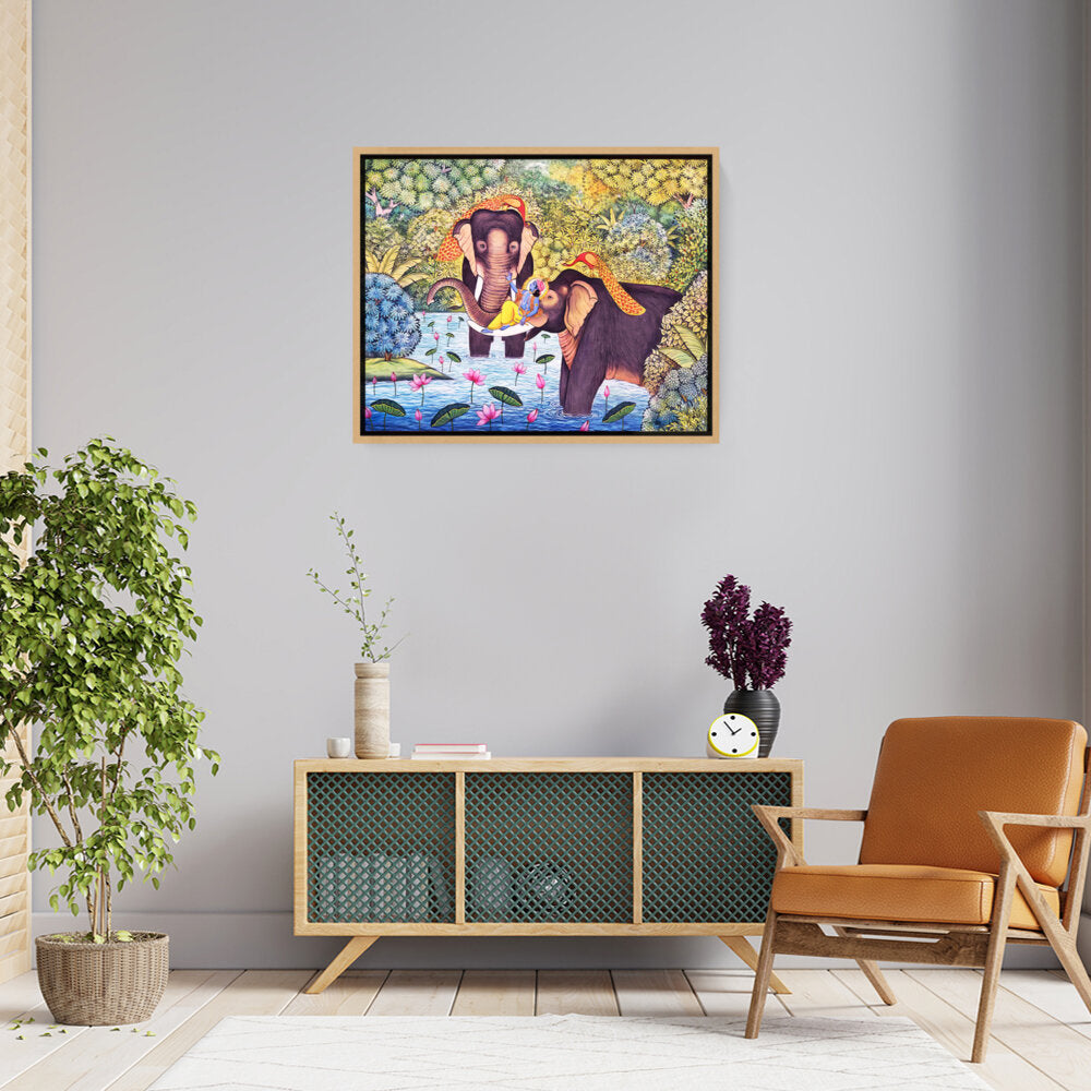Lord Krishna With Elephants - FLOATING FRAME