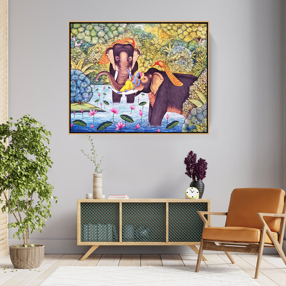 Lord Krishna With Elephants - FLOATING FRAME