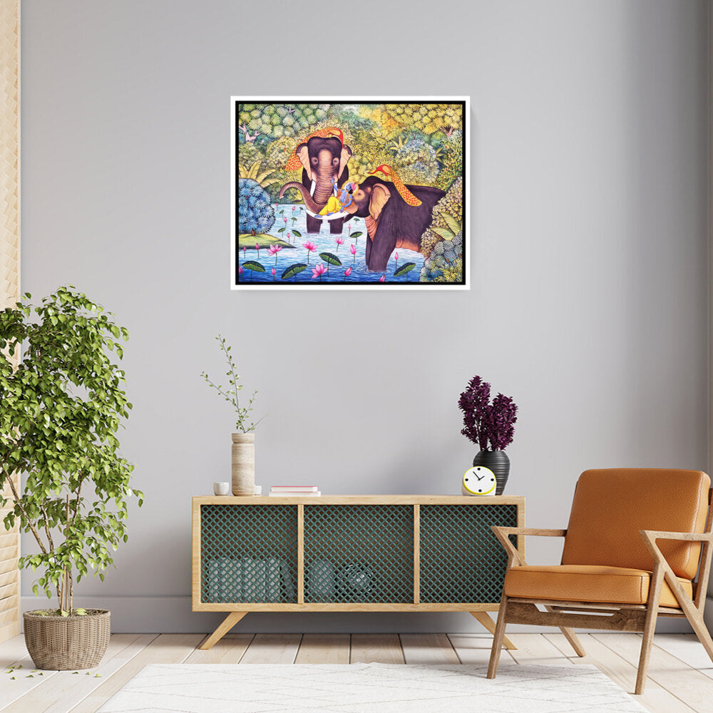 Lord Krishna With Elephants - FLOATING FRAME