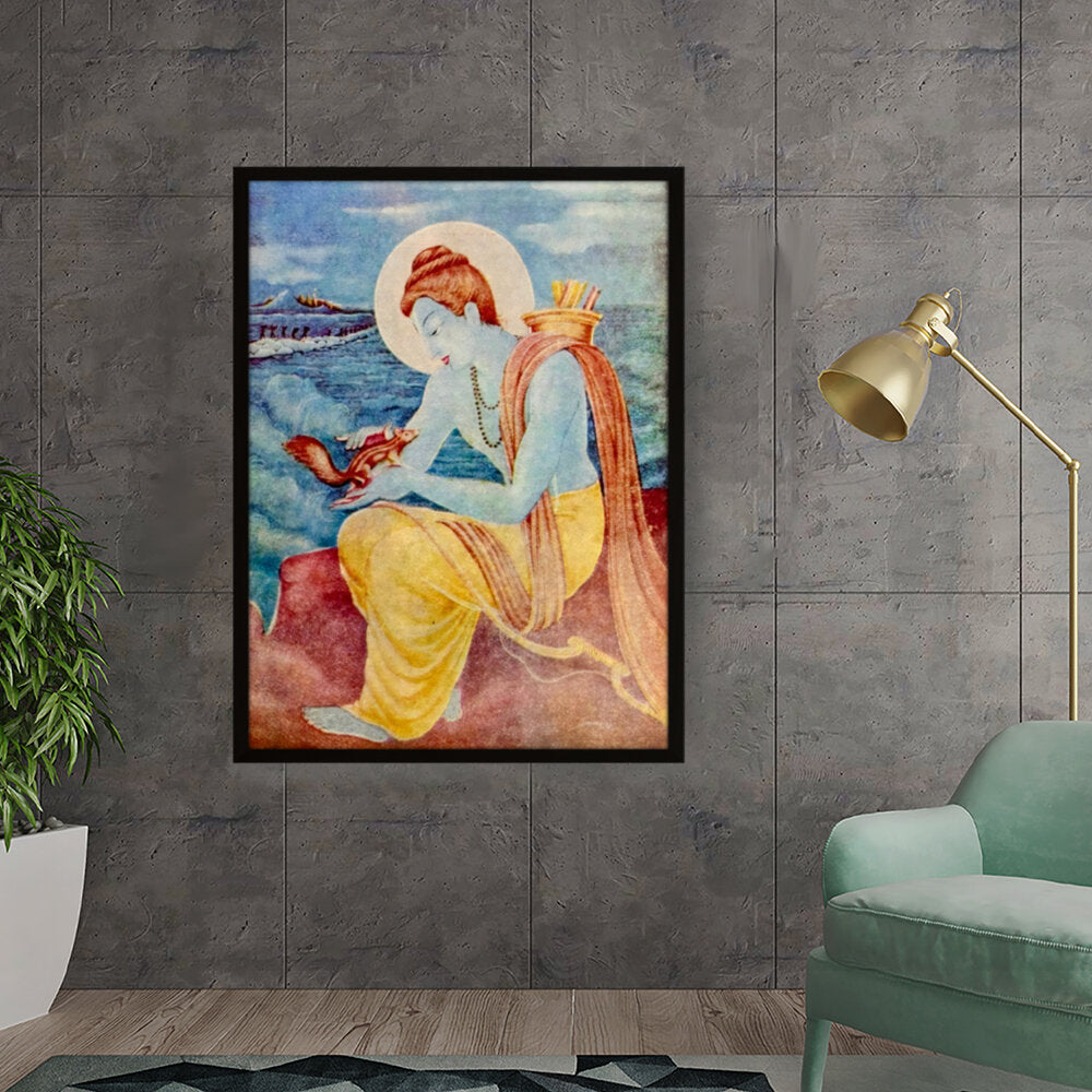Sree Ram With Little Squirrel - Framed Canvas