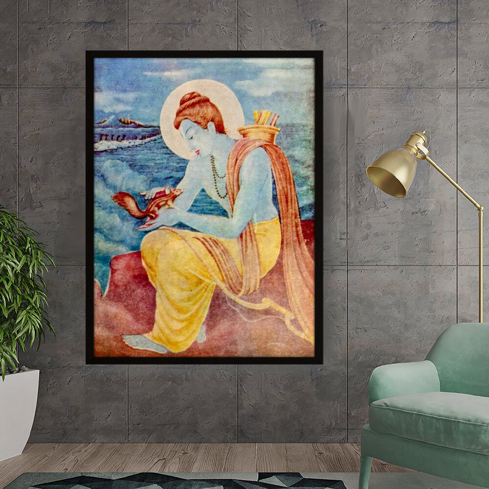 Sree Ram With Little Squirrel - Framed Canvas