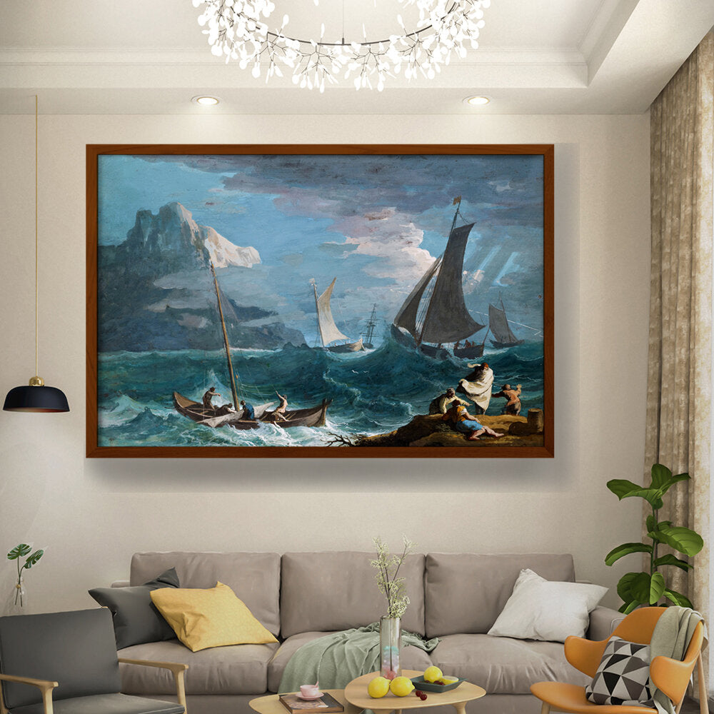 Fishing Boats In A Storm - Framed Canvas