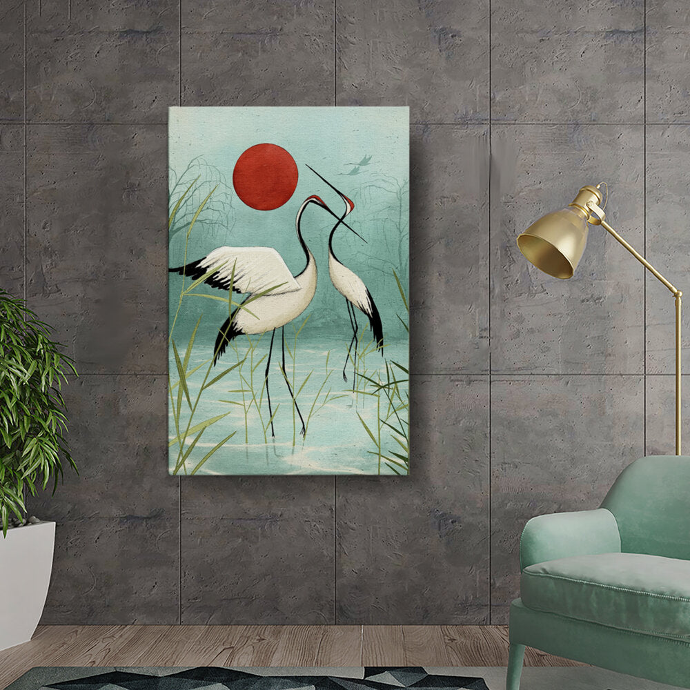 Cranes By The Red Sun