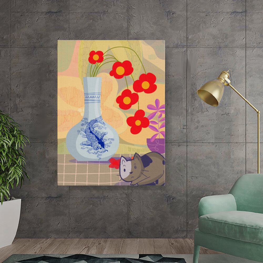 Whimsical Still Life With Flowers And Cat