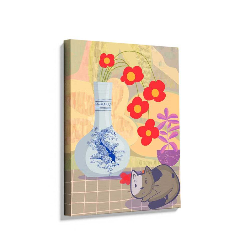 Picasoul - Picasoul Curated - Whimsical Still Life With Flowers And Cat - Wall Decor