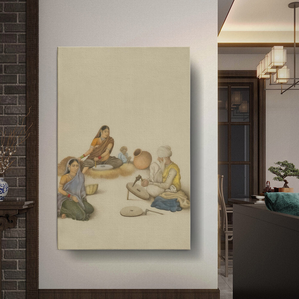 Villagers Grinding Corn - Wall Canvas