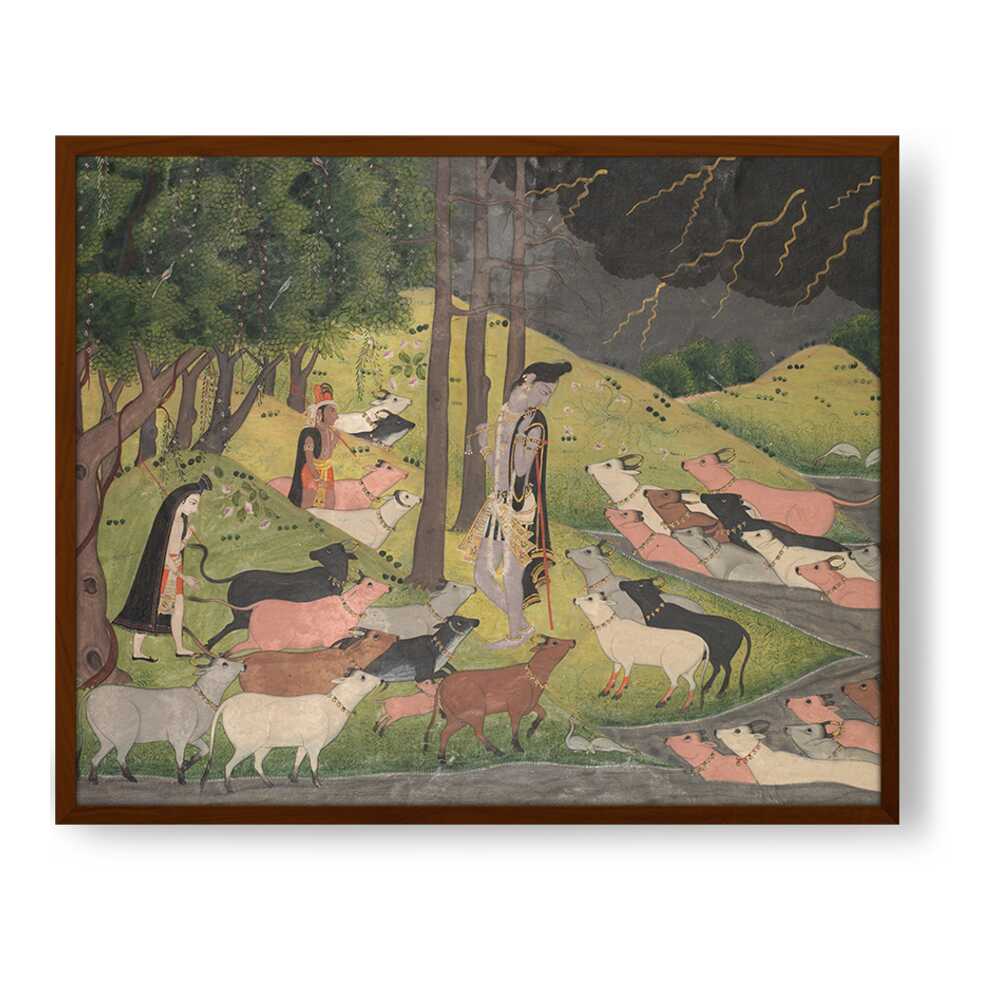 Krishna Summoning The Cows - Framed Canvas