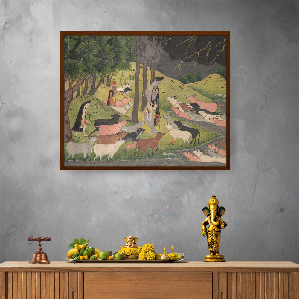 Krishna Summoning The Cows - Framed Canvas